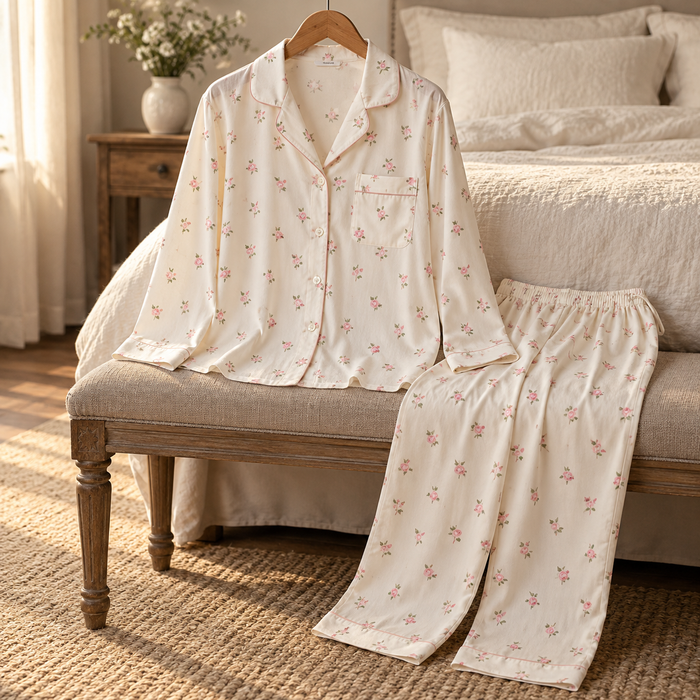 Cream Floral Pajama Set